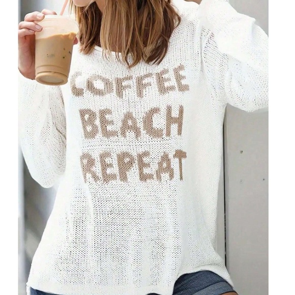 Cozy White Coffee Beach Repeat Graphic Sweater Top - Picture 3 of 8